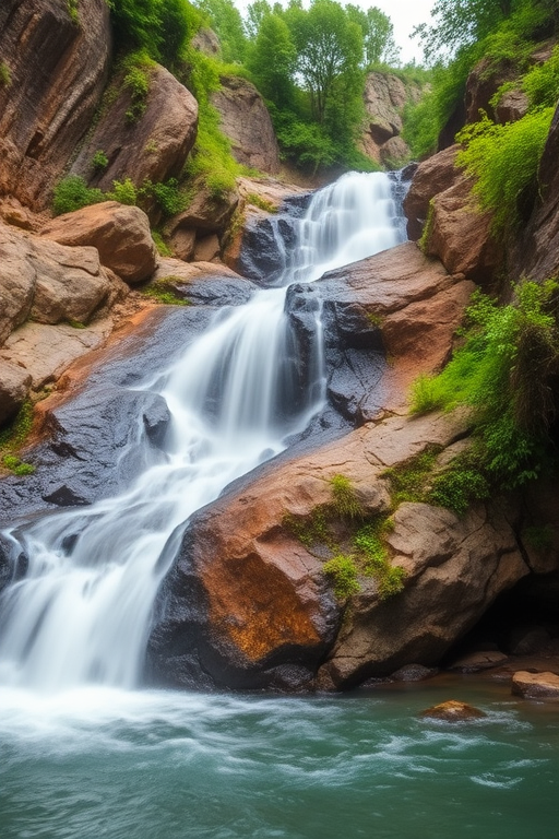 capture a cascading waterfall surrounded by rocky cliffs and lush greenery in vibrant detail, use a DSLR camera with a f/16 aperture, ISO 100, 1/4 second exposure, shot from a low angle for dramatic perspective and a wide-angle lens to encompass the scenery