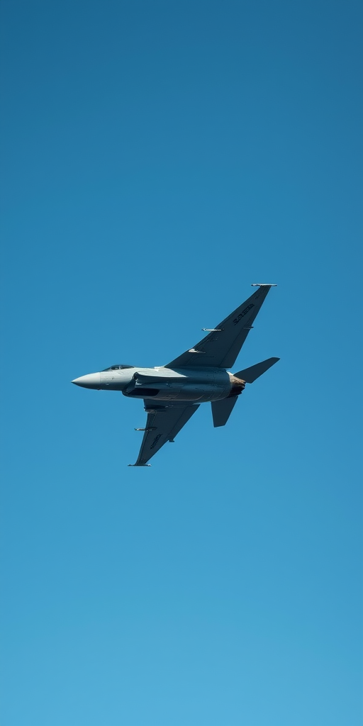A military fighter jet flying at low altitude against a clear blue sky, captured with a Canon EOS R5, 85mm lens, f/8 aperture, 1/1000 sec shutter speed, ISO 100, in a high-resolution image style.
