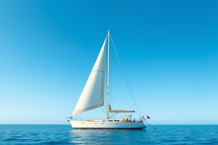 Create a vibrant illustration of a sailboat on calm waters under a clear blue sky, using a high-resolution vector style with sharp lines and bright colors; camera settings: ISO 100, f/8 aperture, 1/250 sec shutter speed; camera view: side view, camera style: high dynamic range, camera type: digital SLR.