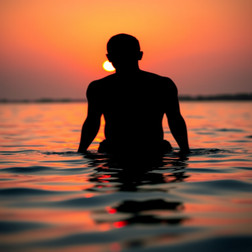 A silhouetted figure in water at sunset, warm orange sun in the background, soft pastel colors, high dynamic range, f/2.8 aperture, ISO 100, 50mm lens, shot from a low angle for a dramatic effect, digital painting style.