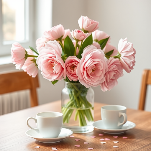 a bouquet of soft pink ranunculus flowers in a clear glass vase on a wooden table, with two white coffee cups and scattered heart-shaped confetti, natural light, f/2.8 aperture, 50mm lens, shallow depth of field, soft focus background, DSLR camera
