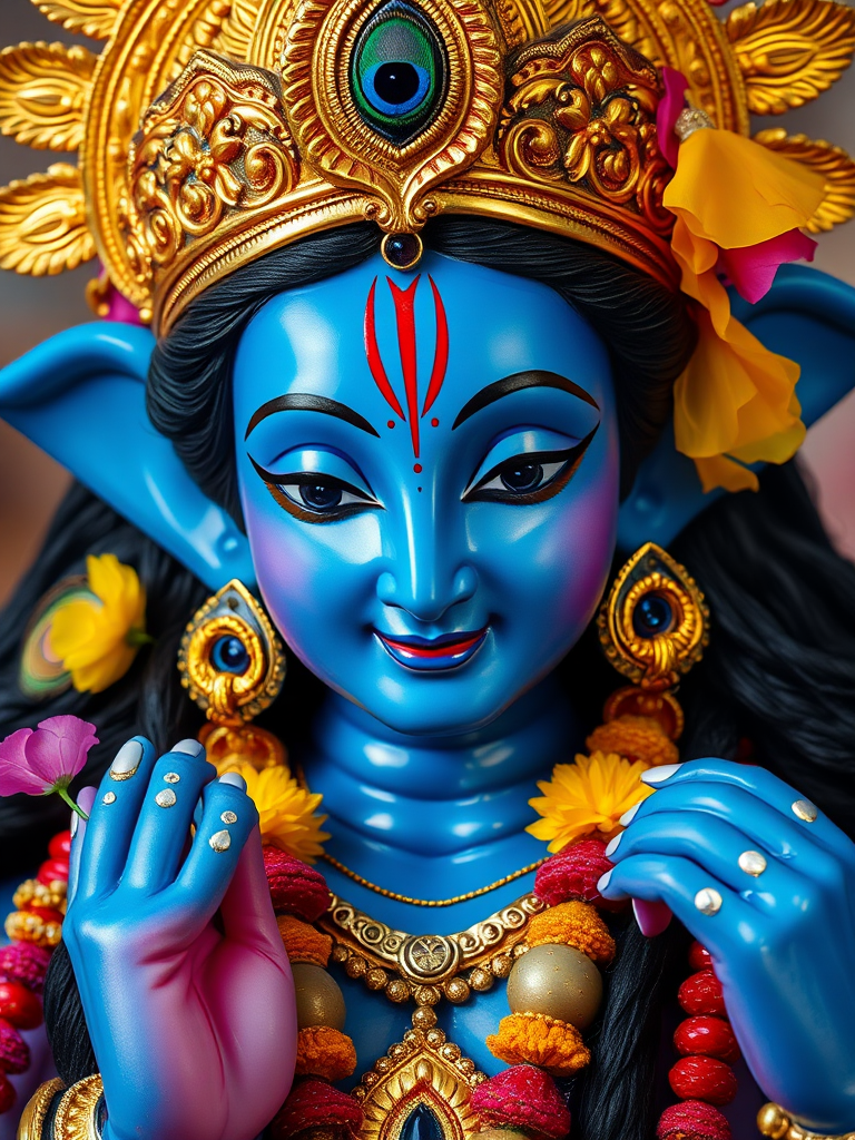 Regenerate a highly detailed image of a blue-skinned deity adorned with a golden crown, peacock feather, and floral decorations, captured in vivid colors and sharp focus, using a DSLR camera at f/2.8 aperture, 50mm lens, ISO 100, and soft lighting, with a shallow depth of field to emphasize intricate details.
