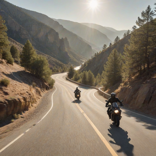 Blurry, high-speed photo of a motorcyclist racing down a winding mountain road, trees and cliffs whizzing by, bright afternoon sun casting long shadows, a cloud of dust trailing behind, a distant view of a deep valley below.