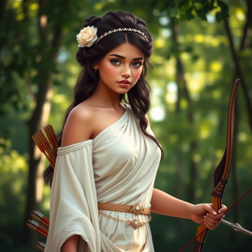 Create a portrait of a goddess-like Hispanic girl figure in a tranquil, forested environment. She has an elegant appearance with long, wavy hair styled in an updo and adorned with a delicate, floral headband. She wears a flowing, ancient Greek-inspired gown in a soft, pale color, featuring a one-shoulder design and draped fabric that accentuates her graceful form. The outfit includes a decorative belt with ornate gold detailing, and she holds a bow in her hand, with a quiver of arrows slung over her shoulder. The background depicts lush greenery, with sunlight filtering through the trees, casting a gentle, ethereal light on the scene. Her expression is calm and contemplative, embodying a sense of wisdom and serenity.