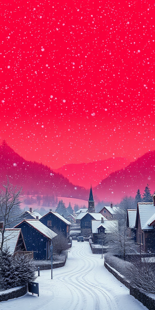 Landscape view of a winter village scene with a gradient red background, snowflakes falling, and silhouettes of houses and trees in white, using a Canon EOS R5 camera, f/8 aperture, ISO 100, 50mm lens, and HDR photography style for enhanced clarity and detail.