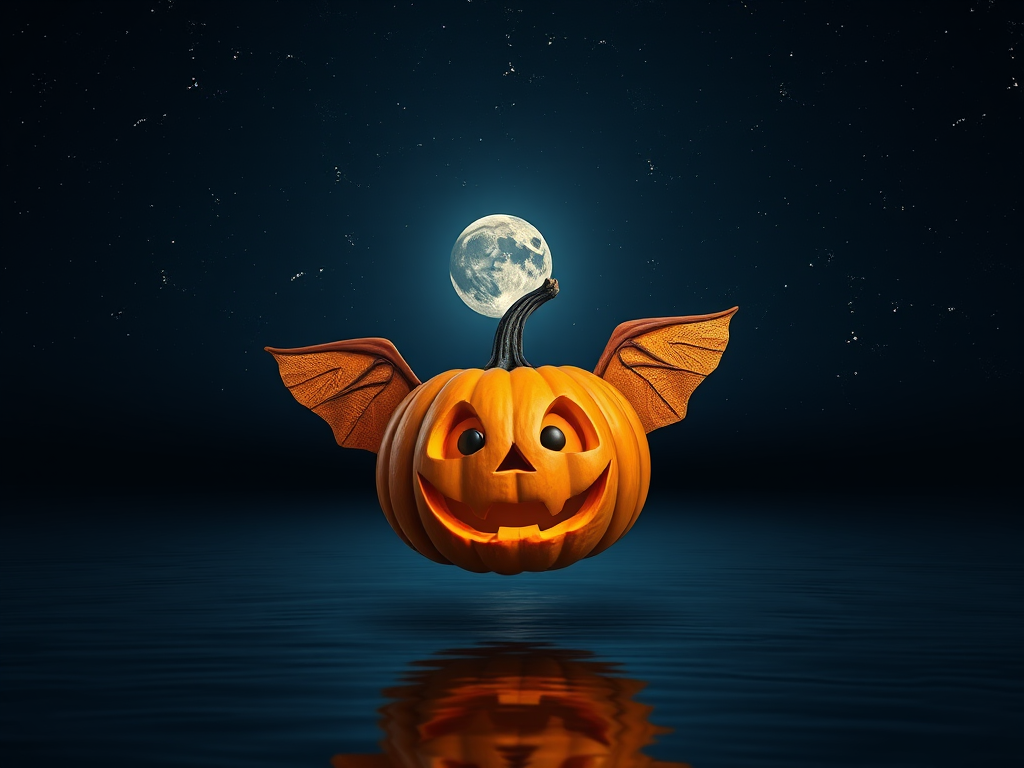 Floating pumpkin with wings and a surprised expression against a starry night sky, full moon reflecting on calm water, taken with a DSLR camera, focal length 50mm, aperture f/2.8, ISO 100, 1/125s exposure, in portrait view for enhanced detail.