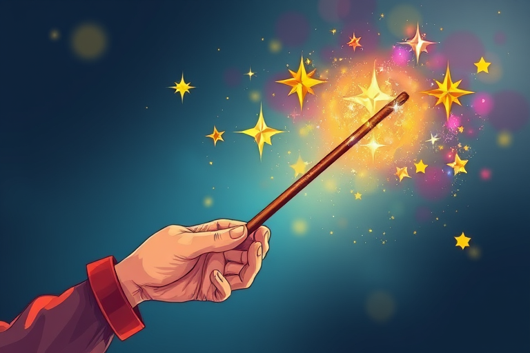 A whimsical illustration of a hand holding a magic wand with colorful sparkling stars emanating from it, captured in a high-resolution digital format with a 50mm lens, f/2.8 aperture, ISO 100, and soft natural lighting to enhance the vibrancy and depth of colors.