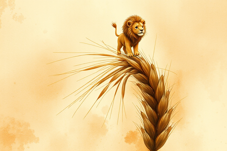 Soft, muted Alcohol Ink with ebru effect background image of tiny whimsical lion, who climbed high on the top of a golden rye ear.