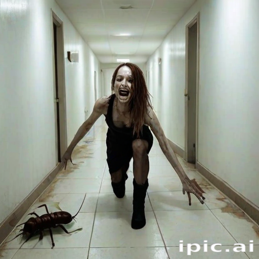 a crooked woman with long arms and a creepy smile is crawling along a long white corridor and you can also see cockroaches in it there is a creepy atmosphere creepy art style