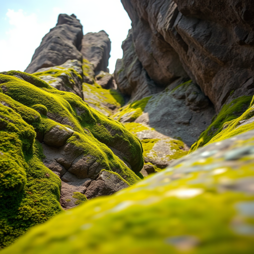 capture a large rock formation with sharp peaks and vibrant green moss covering parts of it, taken with a DSLR camera at f/8 aperture, ISO 200, 50mm lens, with a shallow depth of field and natural lighting from a low angle, emphasizing textures and details