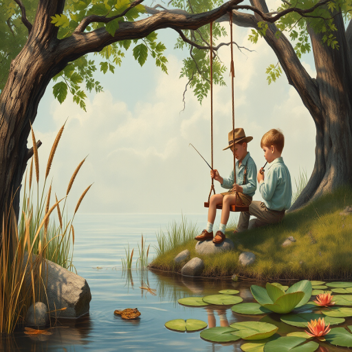 Imagine a small group of old fashioned young boys out fishing by the creek, a swing hanging from a tree branch, reeds and grasses by the water's edge, a frog sitting on a lily pad, dragonflies hovering over som water plans, a very iconic old fashioned scene reminiscent of a Norman Rockwell painting style
