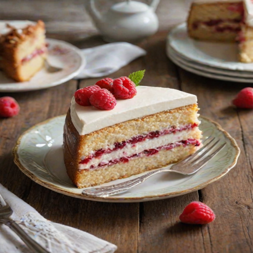 Create an image of a slice of cake on a decorative plate. The cake should have multiple layers with a creamy white frosting on the outside. The middle layer should feature a fruit filling, such as raspberry, and a crunchy texture in the layer. The background should be simple and rustic, with a wooden table surface. Ensure the lighting is soft and inviting to highlight the cake's details.