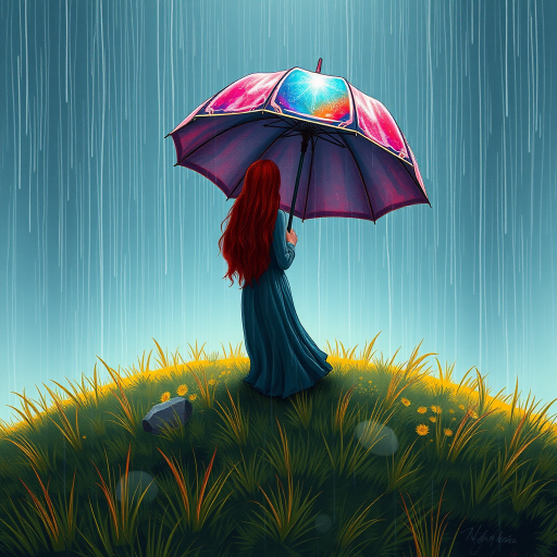 A surreal hand-drawn digital artwork depicting a mysterious red-haired woman standing on a grassy hill under the rain. She holds an umbrella crafted from iridescent zircon, its vibrant sheen contrasting with the soft, rainy atmosphere. The scene feels dreamlike, blending the natural elements of the hill and rain with the otherworldly shimmer of the umbrella.