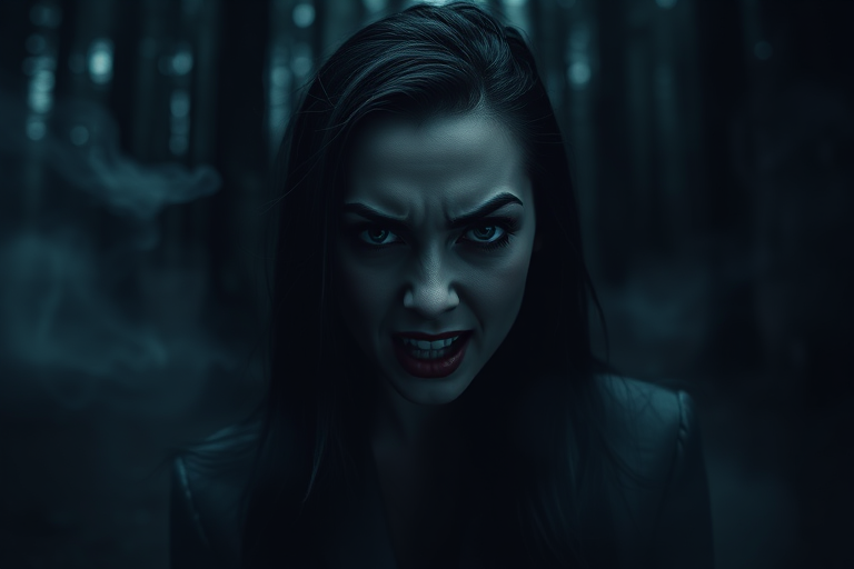 Create a high-resolution image of a woman in a dark forest, appearing monstrous with a fierce expression, with fog swirling around her, using a Canon EOS R5 camera, a 50mm lens, shot at f/1.8, 1/100 sec shutter speed, ISO 400, with dramatic lighting to emphasize her features and the eerie environment.
