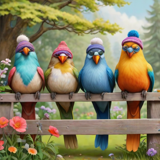 create a scene of 4 quirky  whimsical colourful comical birds each with a funny expression. they are sat on a wooden fence with colourful flowers. they are all different sizes. each one is a different colour  one is wearing a woolly hat. Each one has a different quirky google expression and there is a muted background of trees watercolour paintierly style high definition 8k resolution 3D paper mache