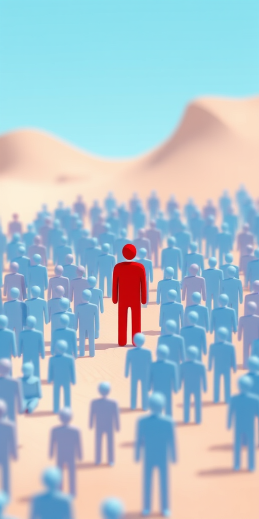 Create a digital illustration of a crowd of blue human figures scattered in a minimalist landscape, with one red figure prominently magnified in the center; use a soft focus effect, bright pastel colors, and a 50mm lens perspective to enhance depth and detail in a vector art style.