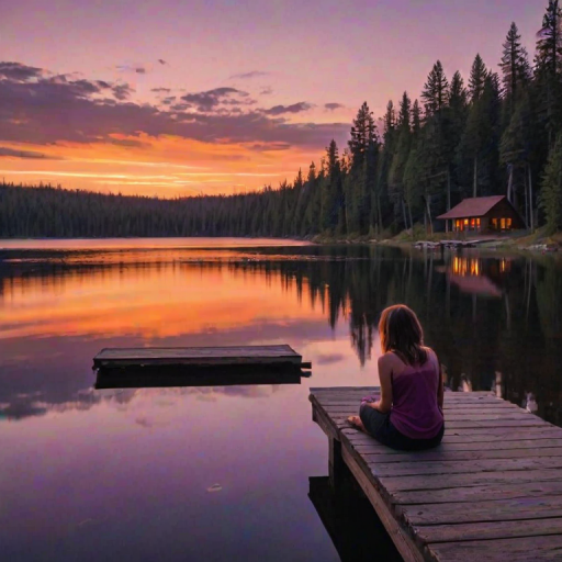 Quiet lakeside cabin at sunset, a woman sits on the dock, dipping her toes in the water, as the sky turns a brilliant shade of orange and purple, reflecting off the lake's surface.