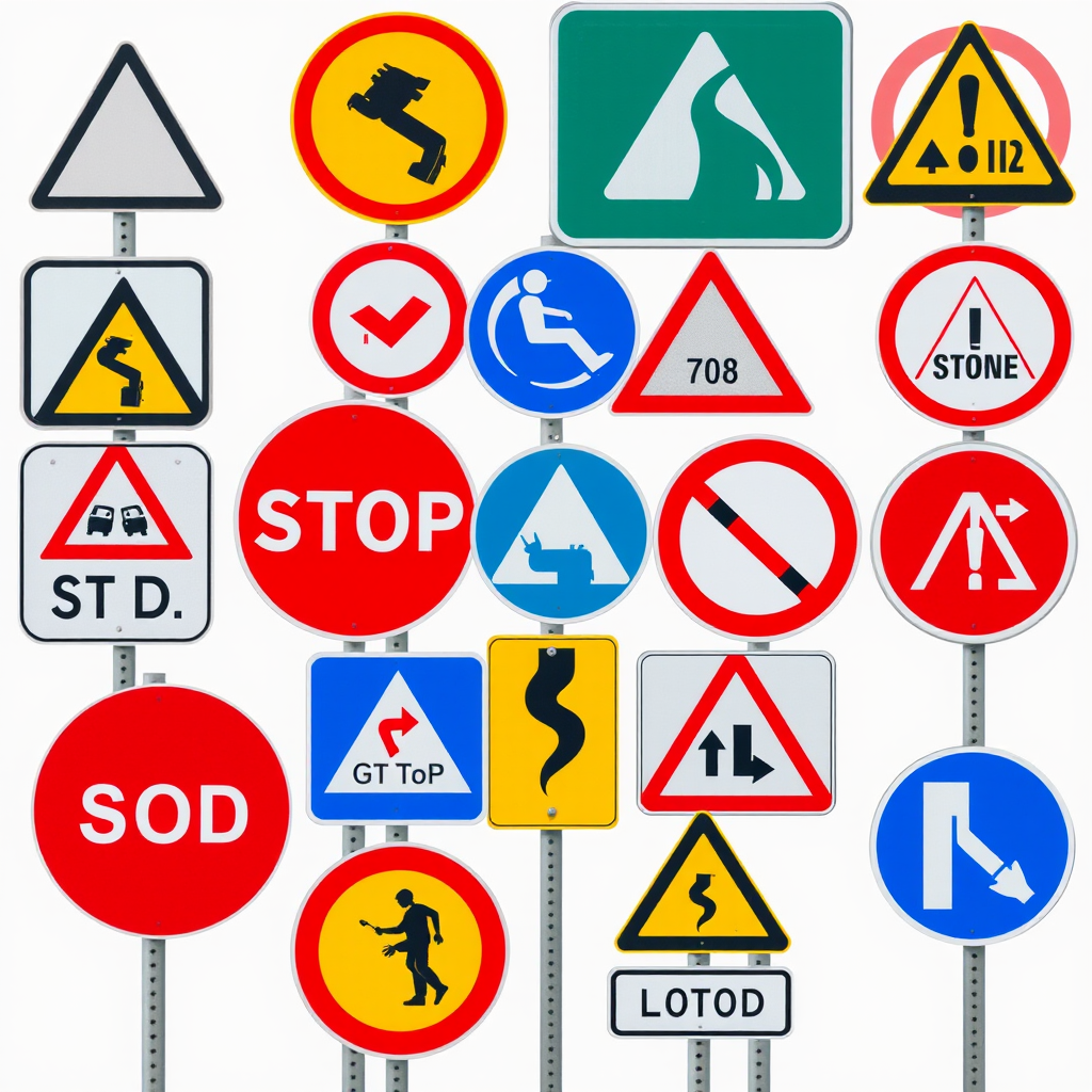 Regenerate a high-resolution image of various road signs including warning signs in a grid layout, using a DSLR camera with a focal length of 50mm, aperture set to f/8, ISO 200, taken from a straight-on perspective with a clean background to enhance visibility and clarity.