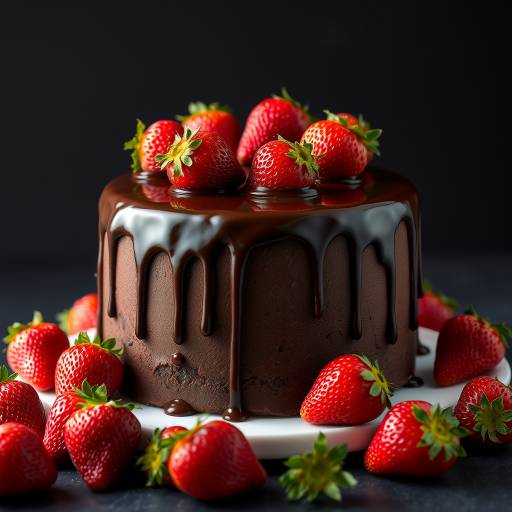 Chocolate cake with strawberries on top rich chocolate ganache dripping down the sides placed on a white plate surrounded by fresh strawberries dark background soft lighting