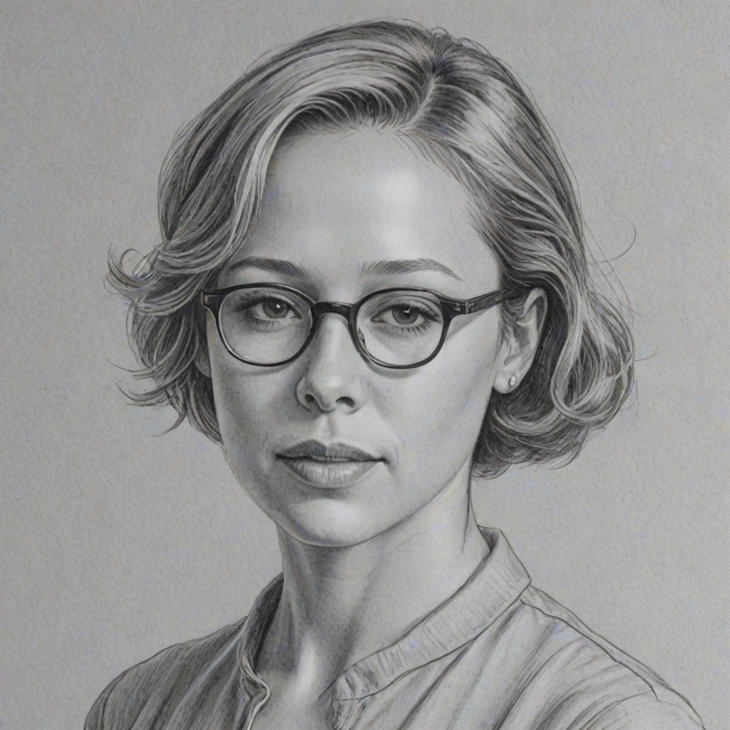 Captivating Liza Weil, pencil sketch, portrait of Ravishing woman 1944s in glasses, hair style beatnik, outline, clear lines, fine lines, 8k