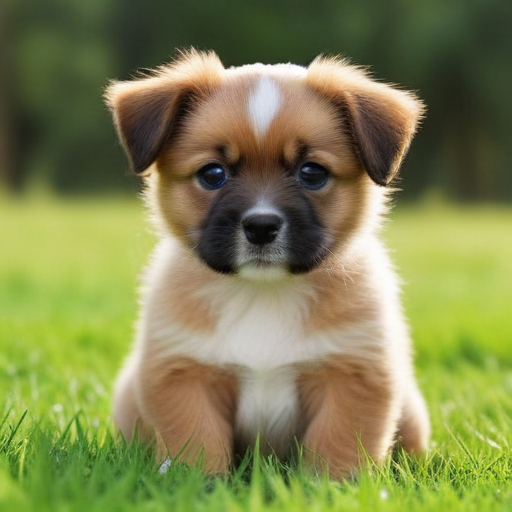 Adorable Puppy Sitting on Lush Green Grass with Big, Bright Eyes