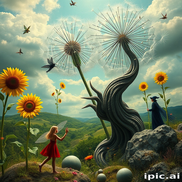 A surreal allegory featuring ethereal fairies, towering sunflowers, and an enigmatic witch, all set within a dreamlike landscape. The scene is dominated by a colossal dandelion, its delicate seeds floating through the air, reminiscent of Yves Tanguy's abstract forms. The environment is a blend of otherworldly elements and natural beauty, with twisted, elongated shapes and surreal colors that evoke a sense of mystery and enchantment.