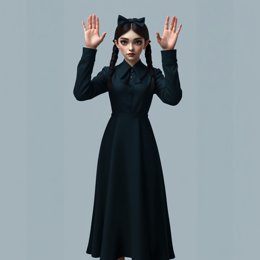 Digital art, full height portrait of Wednesday Addams, standing up with her hands in the air as if in a hold-up. Her dark, gothic attire replaces Alice’s classic blue dress, and she wears black shoes instead of blue. A small, neat black bow adorns her hair, capturing her signature style. The overall composition maintains a whimsical yet eerie tone, similar to Alice in Wonderland, while showcasing Wednesday’s iconic gothic charm.