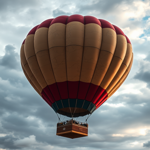 Create a high-resolution image of a vintage hot air balloon with a cracked red and gold pattern, soaring through a dramatic, cloudy sky, captured with a DSLR camera at f/8, ISO 100, 1/200s, using a 50mm lens for a sharp focus and rich details.
