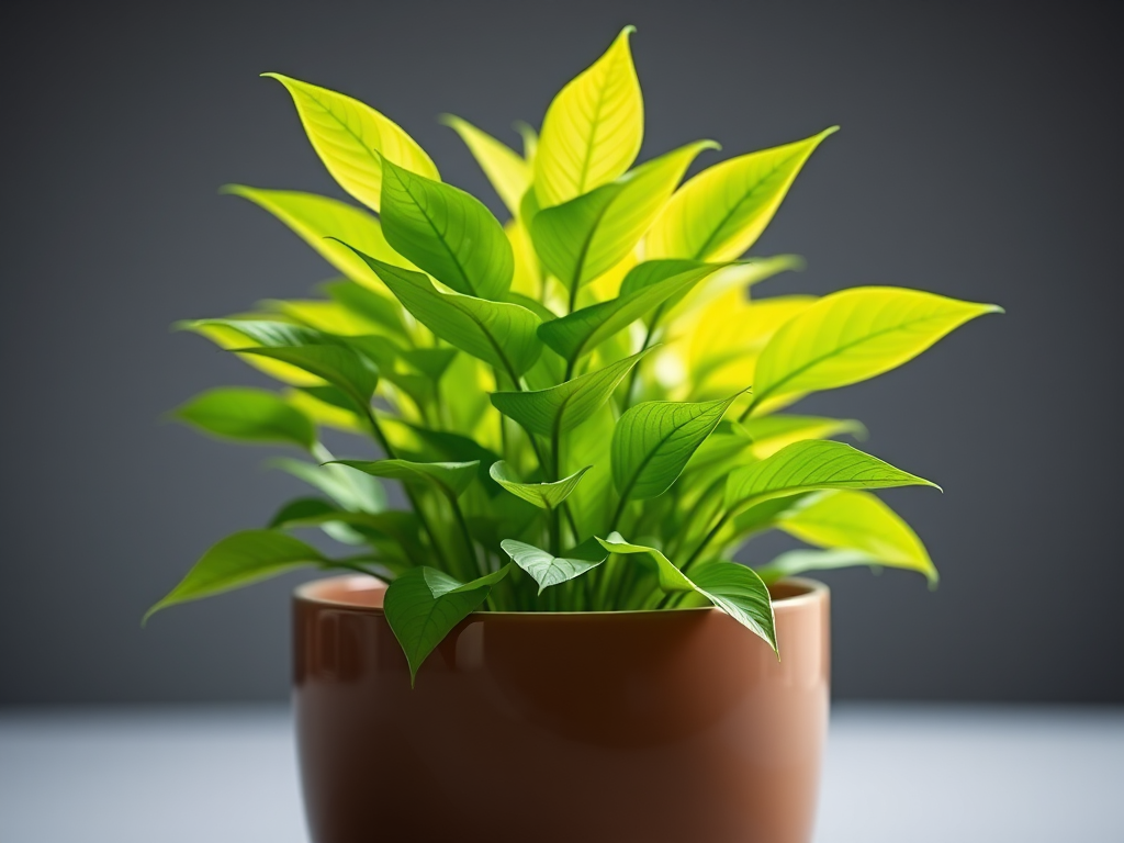 A vibrant green plant in a modern pot with bright lighting, shallow depth of field, ISO 100, f/2.8, 50mm lens, studio setup for enhanced details and color saturation.