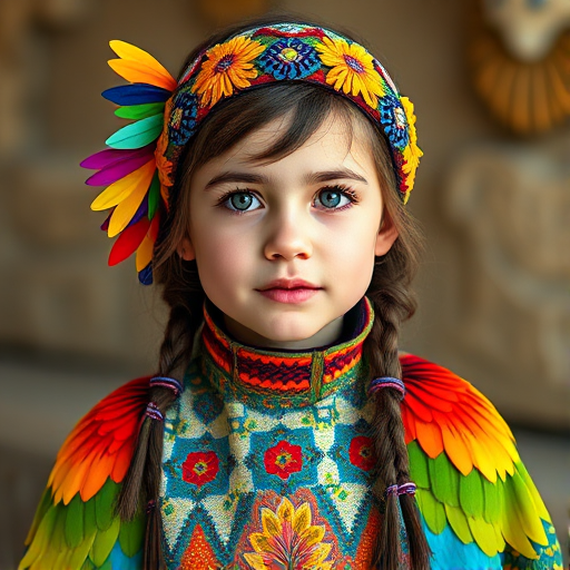 A beautiful Ashkenazi girl, wearing colorful bird clothing with vibrant colors