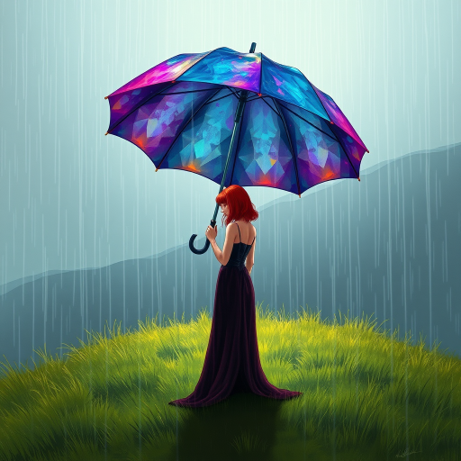 A surreal hand-drawn digital artwork depicting a mysterious red-haired woman standing on a grassy hill under the rain. She holds an umbrella crafted from iridescent zircon, its vibrant sheen contrasting with the soft, rainy atmosphere. The scene feels dreamlike, blending the natural elements of the hill and rain with the otherworldly shimmer of the umbrella.