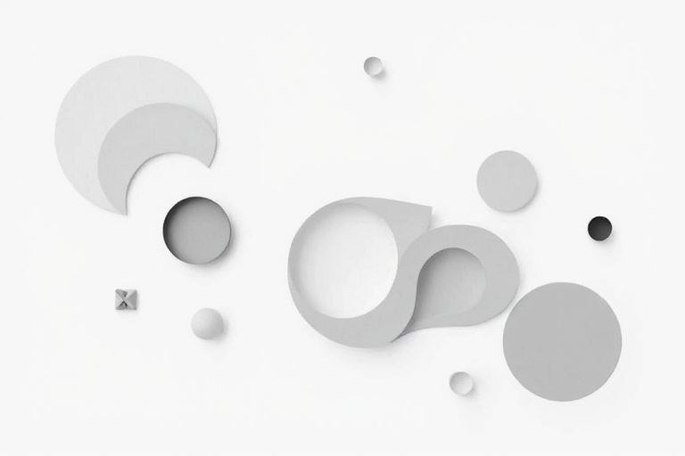 Generate an abstract minimalist design featuring a series of interconnected shapes in a monochrome palette, using a DSLR camera with an f/2.8 aperture, 50mm lens, shot from a top-down view, high-resolution for sharp details.