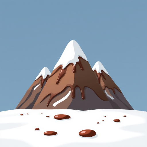 Create a high-resolution illustration of three stylized mountains with a snowy peak and chocolate drippings, captured with a DSLR camera at f/8 aperture, ISO 100, 24mm focal length, and a shallow depth of field for a soft background effect.
