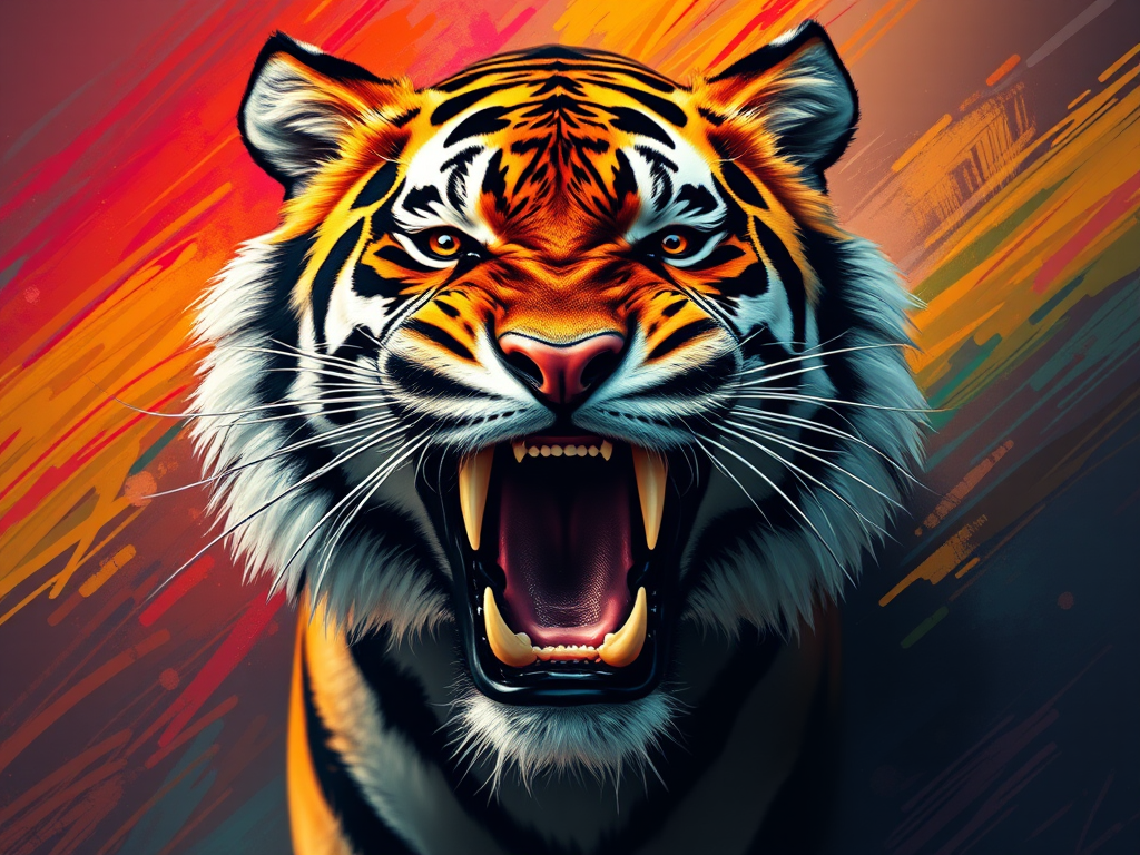 Create a high-resolution portrait of a roaring tiger with vivid colors and dramatic brush strokes, using a DSLR camera, 50mm lens, f/1.8 aperture, ISO 100, 1/500 sec exposure, with a dynamic angle and vibrant background for added depth.