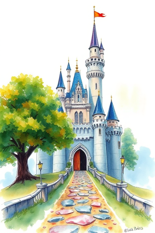 Create a whimsical watercolor illustration of a castle with tall towers and flags, surrounded by a large tree, with a pathway of stones leading to the door, captured in high resolution with a DSLR camera, 50mm lens, f/2.8 aperture, natural light, vibrant colors, and soft focus.