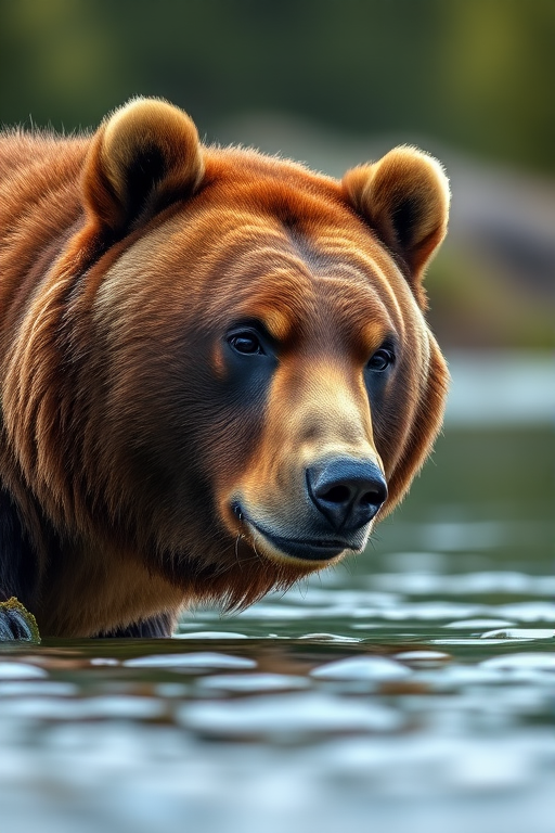 A realistic close-up of a grizzly bear by a serene lake, soft natural lighting, shallow depth of field, aperture f/2.8, ISO 100, 50mm lens, HDR photography, high-resolution, vibrant colors.