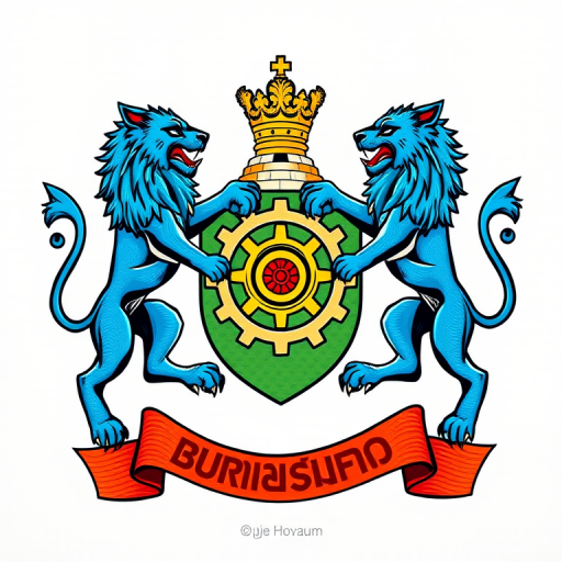 Create a highly detailed digital illustration of a coat of arms featuring two blue lions, a gear symbol, and a red ribbon with Burmese text, using a Canon EOS R5 camera with a 50mm lens, aperture set at f/1.8, ISO 100, shooting from eye level with natural lighting to enhance colors and clarity.