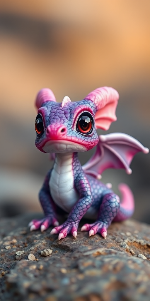 Create a highly detailed image of a cute, small dragon sitting on a rock, featuring vibrant purple and pink scales, large expressive eyes, and delicate wings, using a DSLR camera with a 50mm f/1.8 lens, shallow depth of field, soft lighting, and a clean background for emphasis on the subject.