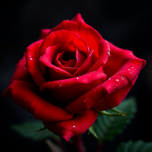 Create a digital artwork of a close-up shot of a vibrant red rose, with water droplets on its petals, set against a dark, blurred background.