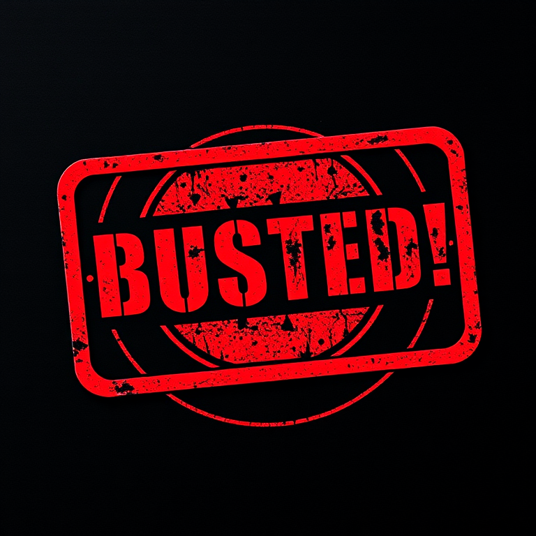 Create a high-resolution image of a red stamp with the word BUSTED! in a bold, distressed font on a black background using a DSLR camera with a 50mm lens, aperture set at f/1.8, ISO 100, and a shutter speed of 1/200s, captured from a straight-on angle.