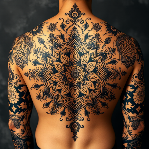 Ornate mandala tattoo covering the entire back with intricate patterns and sacred symbols in black and gold ink creating a stunning contrast against the skin