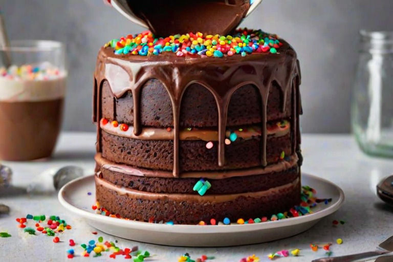 Create an image of a tall layered chocolate cake with rich chocolate frosting between the layers. The cake is being decorated with colorful sprinkles being poured from a container. The setting is bright and modern, with a light-colored background and a simple white cake stand. Include a small bowl of sprinkles nearby for added detail.