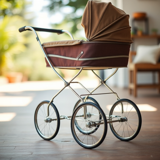 Create a high-resolution image of a vintage baby stroller with a classic design, shot using a DSLR camera, 50mm lens, f/2.8 aperture, ISO 100, in natural daylight with a shallow depth of field, front view, emphasizing the details of the wheels and fabric.