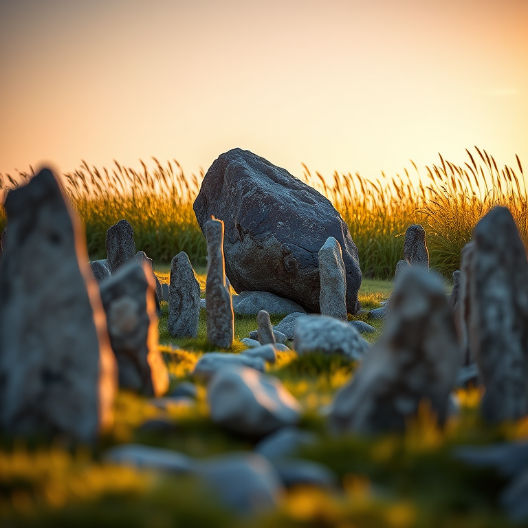 Capture a landscape of standing stones surrounding a large boulder, with tall grass in the background, using a Nikon D850 with a 50mm lens, aperture at f/8, ISO 100, at golden hour for soft lighting, with a shallow depth of field to enhance details in the foreground.