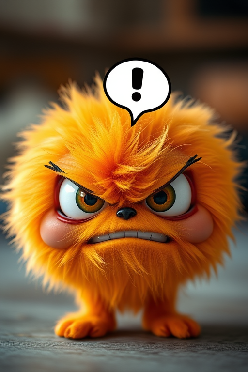 Create a high-resolution cartoon-style image of a fluffy, orange, round creature with exaggerated cartoonish eyes, an angry expression, and a speech bubble with an exclamation mark, using a 50mm lens at f/1.8, ISO 200, and a soft focus background for better depth of field.