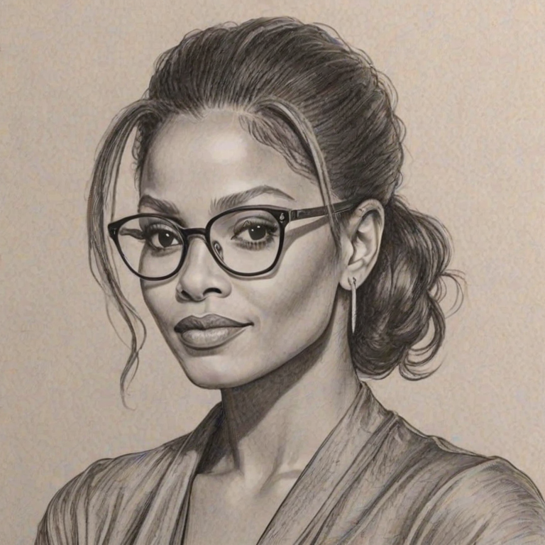Elegant Janet Jackson, pencil sketch, portrait of Captivating woman 1929s in glasses, hair style beatnik, outline, clear lines, fine lines, 8k