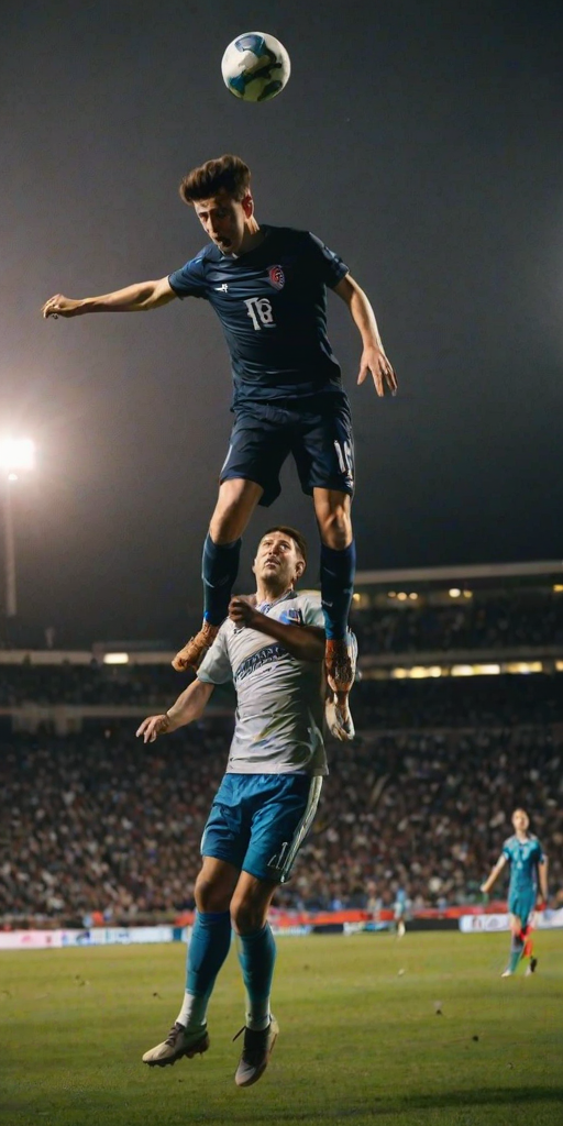 Blurry, action-packed photo of a soccer match, two players leaping into the air for a header, dirt flying up beneath their feet, stadium lights casting long shadows on the field, a roaring crowd in the background, focus on the intensity in the playerseyes.