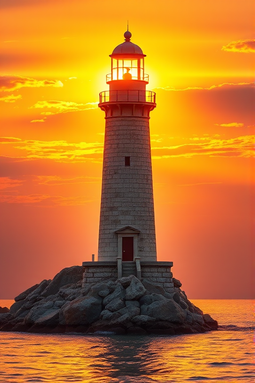 Generate an image of a tall lighthouse perched on a rocky outcrop surrounded by calm ocean waters during a breathtaking sunset. The lighthouse stands sturdy and weathered, its stone surface illuminated by the warm golden light of the setting sun. The sun's rays pass directly through the glass lantern room at the top of the lighthouse, casting a brilliant light across the scene. The sky is painted with vibrant shades of orange, pink, and purple, reflecting off the tranquil sea. The surrounding water shimmers with the same warm hues, creating a serene and majestic atmosphere.
