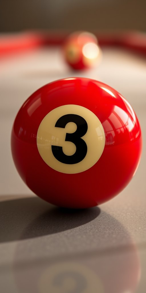 create a high-resolution image of a shiny red billiard ball with the number three prominently displayed on a smooth surface, using a DSLR camera set to f/2.8 aperture, ISO 100, and 1/125 shutter speed, taken from a low angle to emphasize the sphere's dimensions and reflections, in natural lighting for enhanced contrast and clarity.