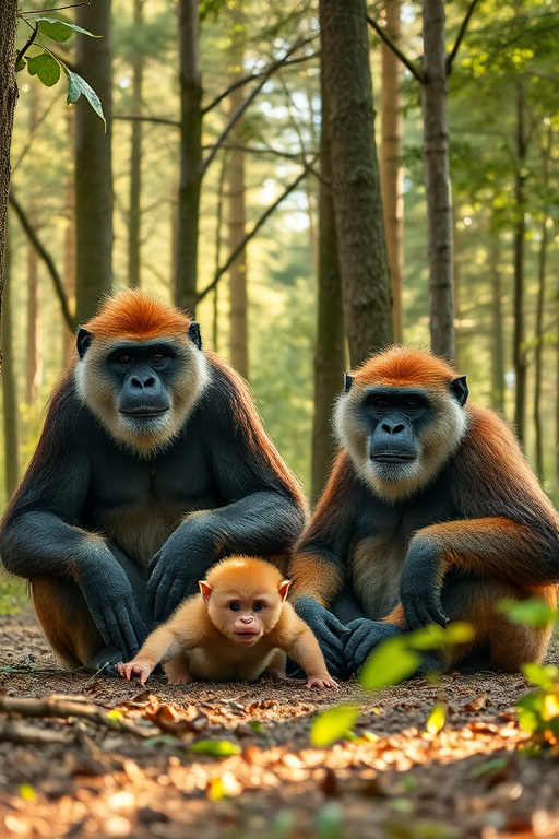 Generate an image of a family of large, furry ape-like creatures sitting in a forest with sunlight streaming through the trees, using a Nikon D850 camera, 50mm lens, f/1.8 aperture, ISO 200, natural lighting for enhanced detail and sharpness.
